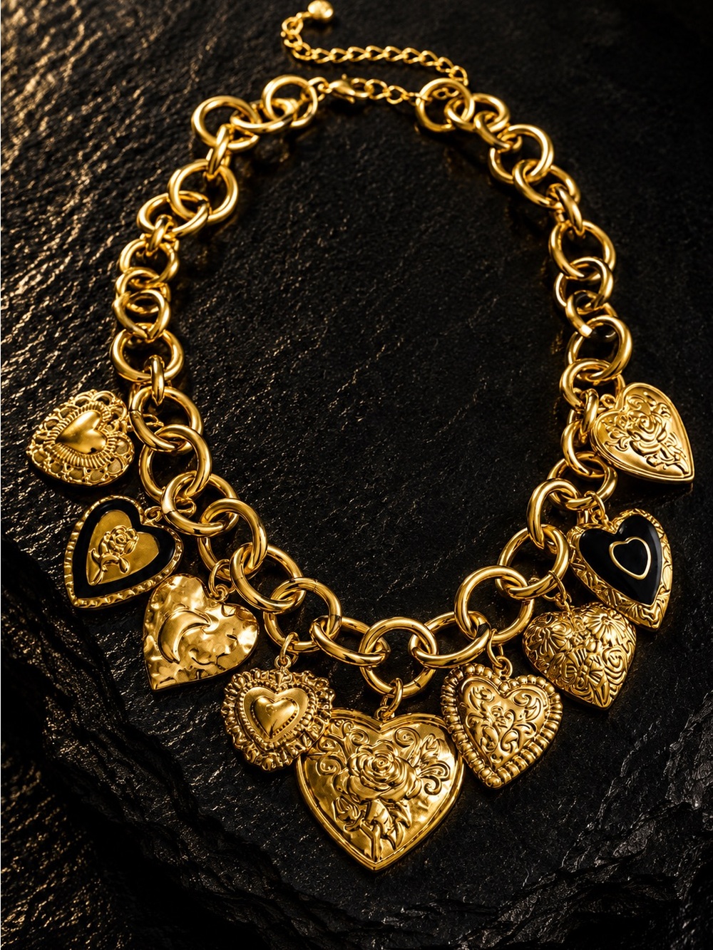 Gold tine Heart Charm Station Necklace